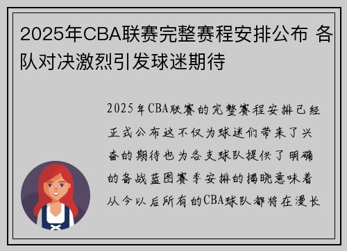 2025年CBA联赛完整赛程安排公布 各队对决激烈引发球迷期待