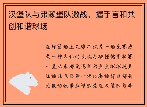 汉堡队与弗赖堡队激战，握手言和共创和谐球场