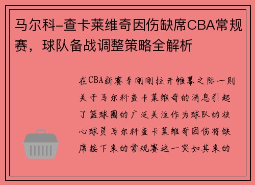 马尔科-查卡莱维奇因伤缺席CBA常规赛，球队备战调整策略全解析